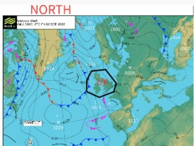 Metoffice synoptic chart showing high and low pressures, cold and warm fronts and pressure lines