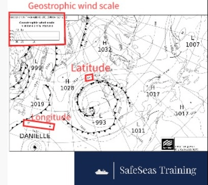 How to read a synoptic chart showing where to find the latitude, longitude and geostrophic wind scale